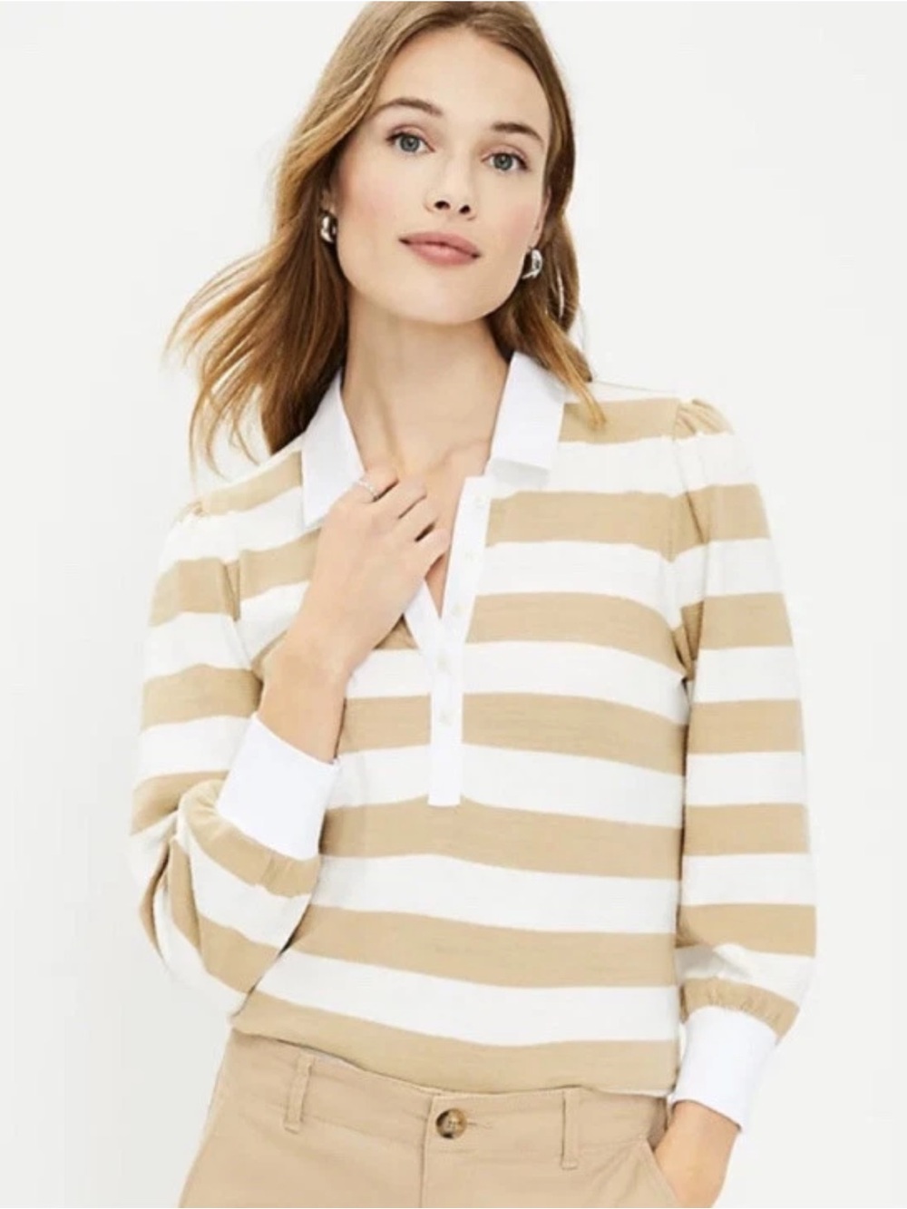 Loft Oversized XS Striped Polo Sweater in Beige and White